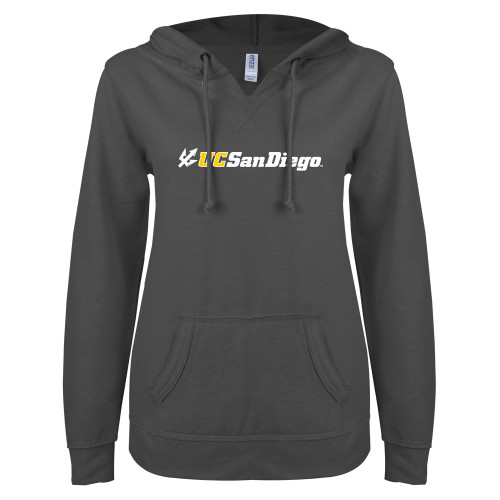  ENZA Womens Dark Heather V Notch Raw Edge Fleece Hoodie - UC San Diego Primary Mark