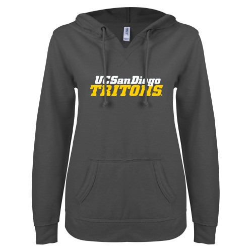  ENZA Womens Dark Heather V Notch Raw Edge Fleece Hoodie - UC San Diego Tritons Mark