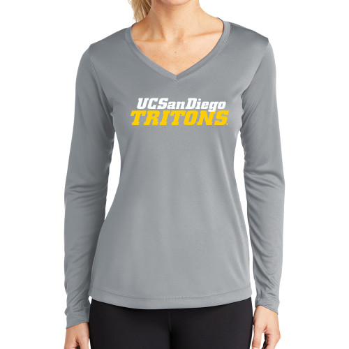  Womens Grey Performance Long Sleeve V Neck Shirt - UC San Diego Tritons Mark
