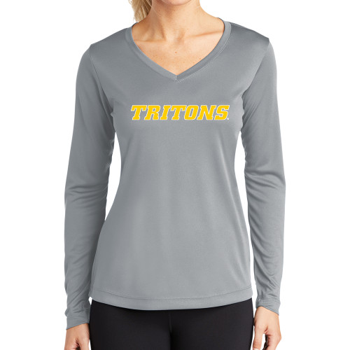  Womens Grey Performance Long Sleeve V Neck Shirt - Tritons Wordmark