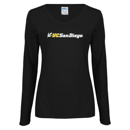  Womens Black Long Sleeve V Neck Tee  - UC San Diego Primary Mark