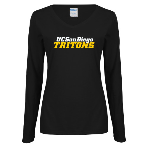 Womens Black Long Sleeve V Neck Tee  - UC San Diego Tritons Mark