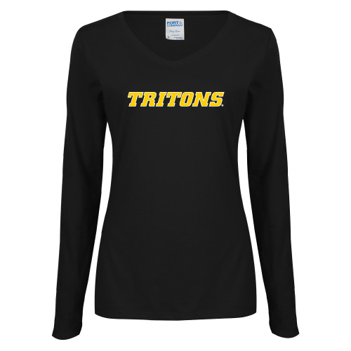  Womens Black Long Sleeve V Neck Tee  - Tritons Wordmark