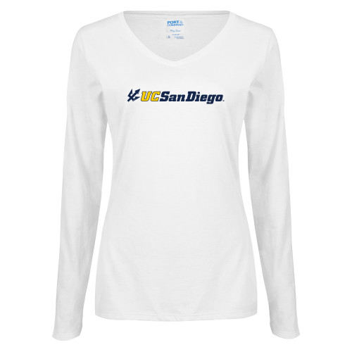  Womens White Long Sleeve V Neck Tee - UC San Diego Primary Mark