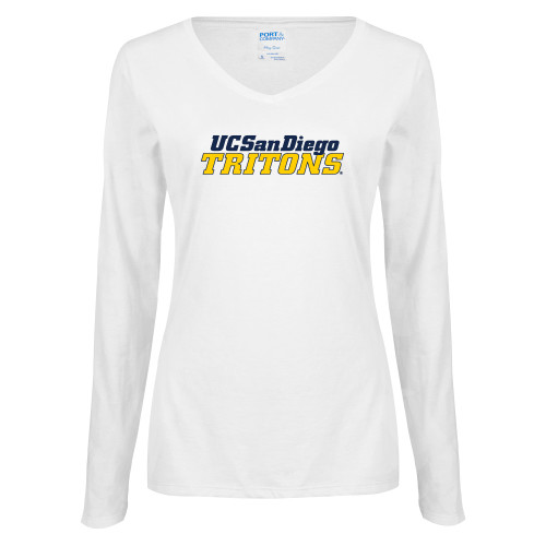  Womens White Long Sleeve V Neck Tee - UC San Diego Tritons Mark