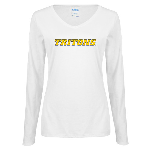  Womens White Long Sleeve V Neck Tee - Tritons Wordmark