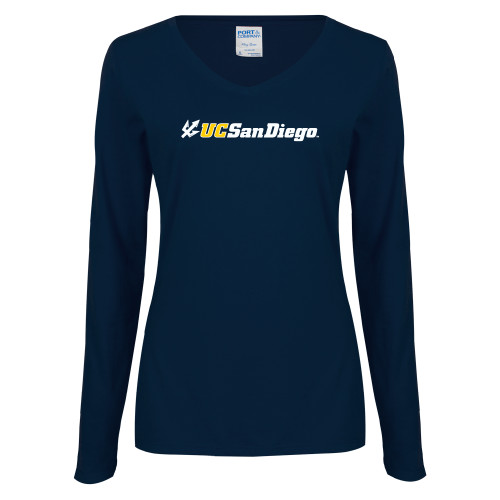  Womens Navy Long Sleeve V Neck Tee - UC San Diego Primary Mark