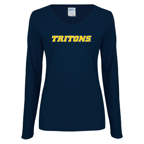  Womens Navy Long Sleeve V Neck Tee - Tritons Wordmark