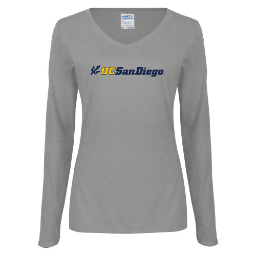  Womens Grey Long Sleeve V Neck Tee  - UC San Diego Primary Mark