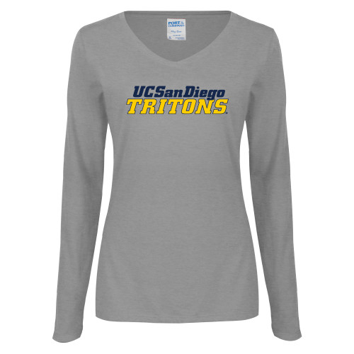  Womens Grey Long Sleeve V Neck Tee  - UC San Diego Tritons Mark