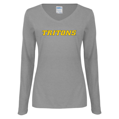  Womens Grey Long Sleeve V Neck Tee  - Tritons Wordmark