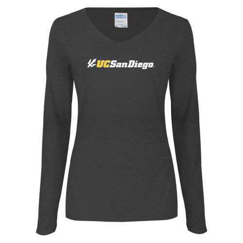  Womens Dark Heather Long Sleeve V Neck Tee  - UC San Diego Primary Mark