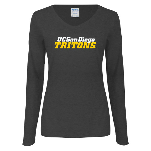  Womens Dark Heather Long Sleeve V Neck Tee  - UC San Diego Tritons Mark