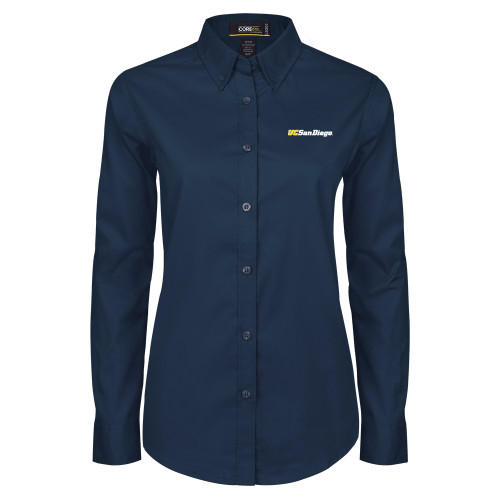  Womens Navy Twill Button Down Long Sleeve  - UC San Diego Wordmark