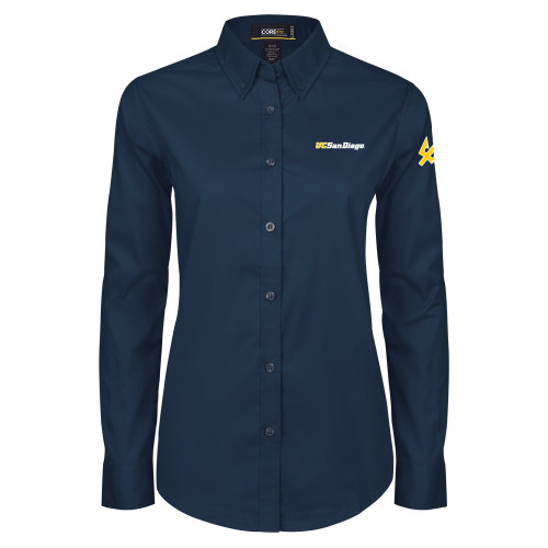  Womens Navy Twill Button Down Long Sleeve  - UC San Diego Wordmark