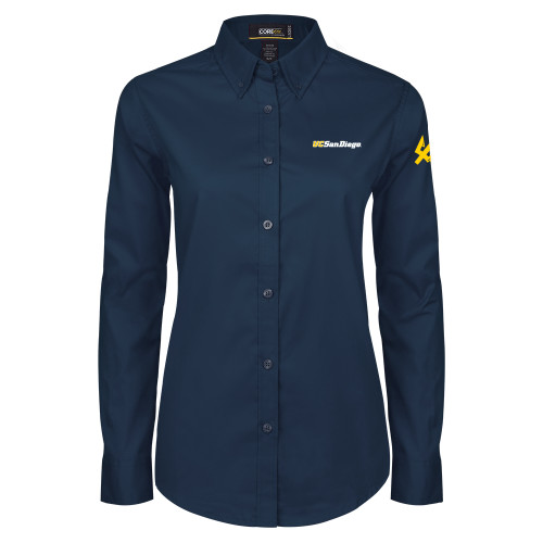  Womens Navy Twill Button Down Long Sleeve  - UC San Diego Wordmark
