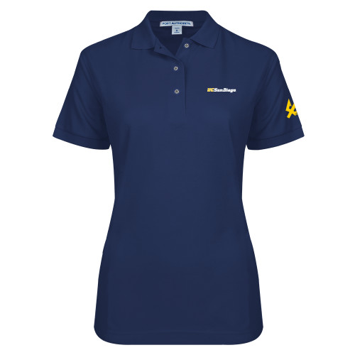  Womens Silk Touch Navy Pique Polo - UC San Diego Wordmark