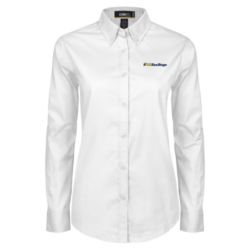  Womens White Twill Button Down Long Sleeve - UC San Diego Primary Mark