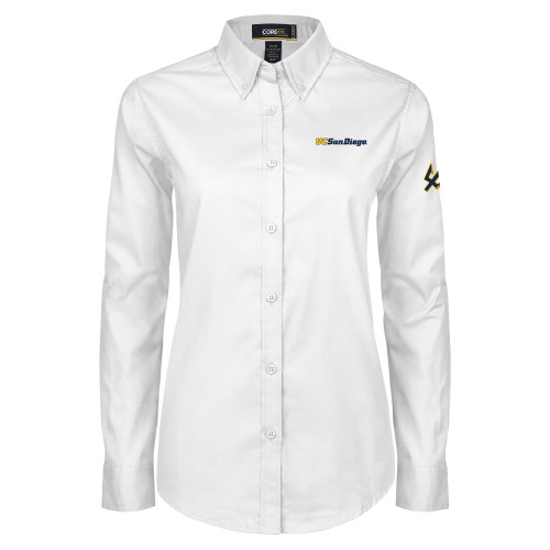  Womens White Twill Button Down Long Sleeve - UC San Diego Wordmark