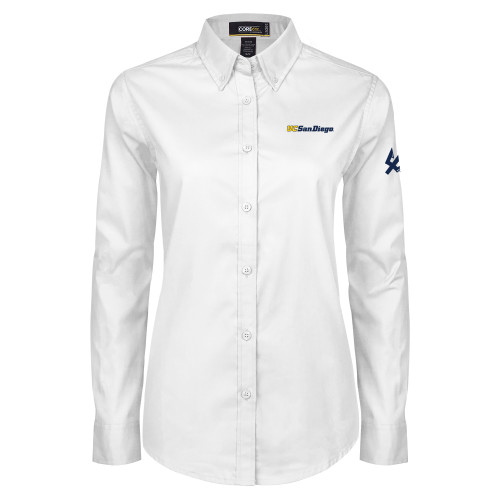  Womens White Twill Button Down Long Sleeve - UC San Diego Wordmark
