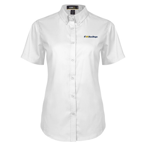  Womens White Twill Button Up Short Sleeve - UC San Diego Primary Mark