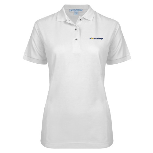  Womens Silk Touch White Pique Polo - UC San Diego Primary Mark