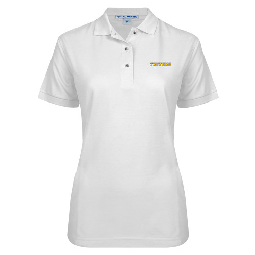  Womens Silk Touch White Pique Polo - Tritons Wordmark