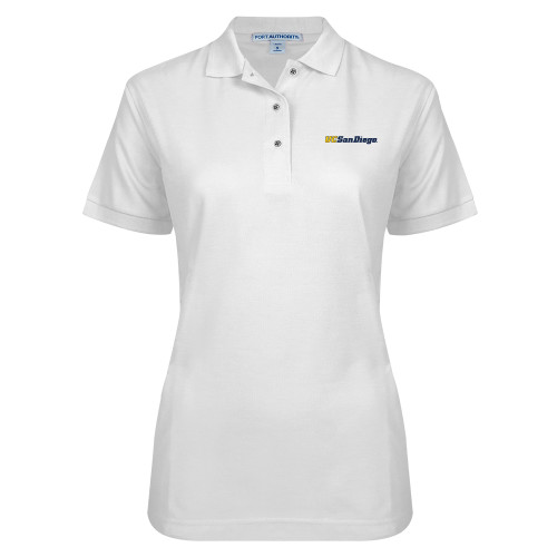  Womens Silk Touch White Pique Polo - UC San Diego Wordmark