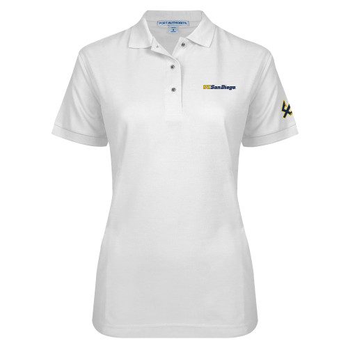  Womens Silk Touch White Pique Polo - UC San Diego Wordmark