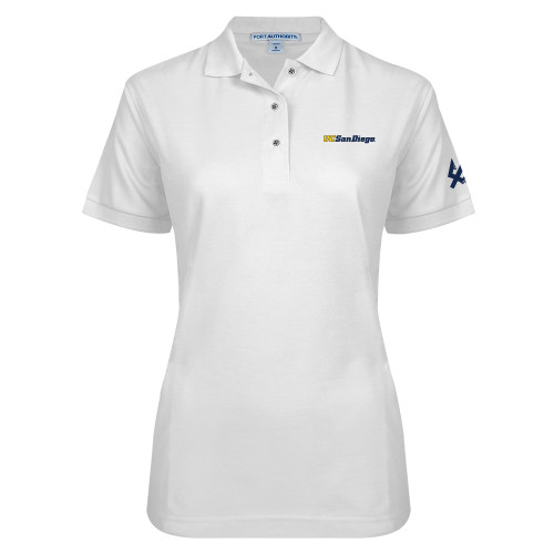  Womens Silk Touch White Pique Polo - UC San Diego Wordmark