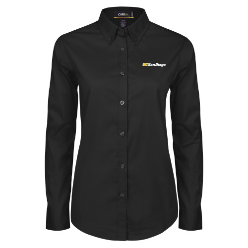  Womens Black Twill Button Down Long Sleeve  - UC San Diego Wordmark