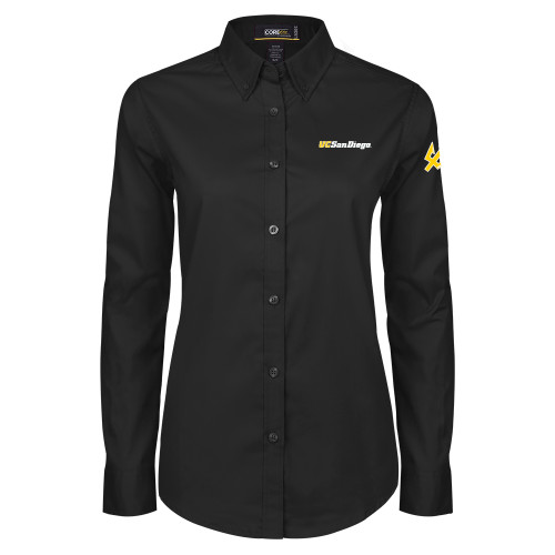  Womens Black Twill Button Down Long Sleeve  - UC San Diego Wordmark