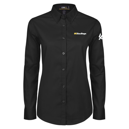  Womens Black Twill Button Down Long Sleeve  - UC San Diego Wordmark