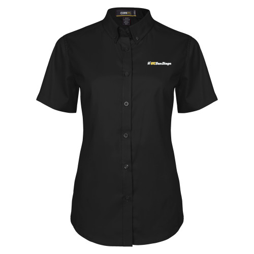  Womens Black Twill Button Up Short Sleeve - UC San Diego Primary Mark