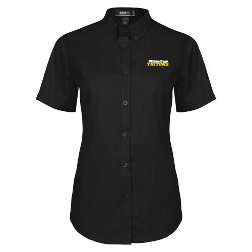  Womens Black Twill Button Up Short Sleeve - UC San Diego Tritons Mark