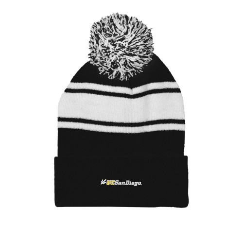 Black/White Two Tone Knit Pom Beanie w/Cuff - UC San Diego Primary Mark