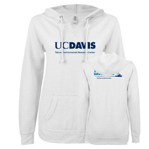  ENZA Womens White V Notch Raw Edge Fleece Hoodie - UD Davis Tahoe Environmental Research Center