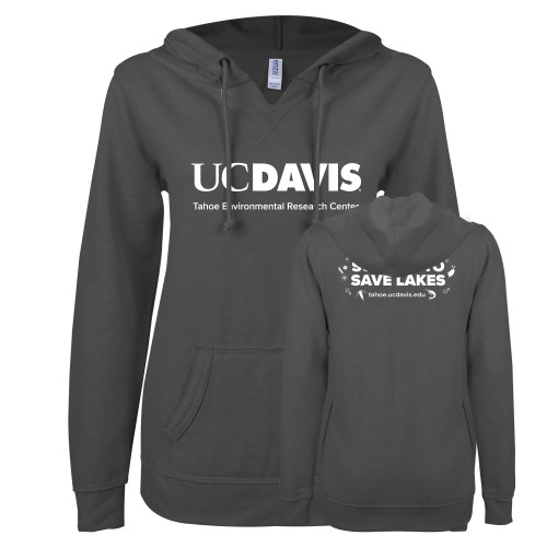  ENZA Womens Dark Heather V Notch Raw Edge Fleece Hoodie - UD Davis Tahoe Environmental Research Center