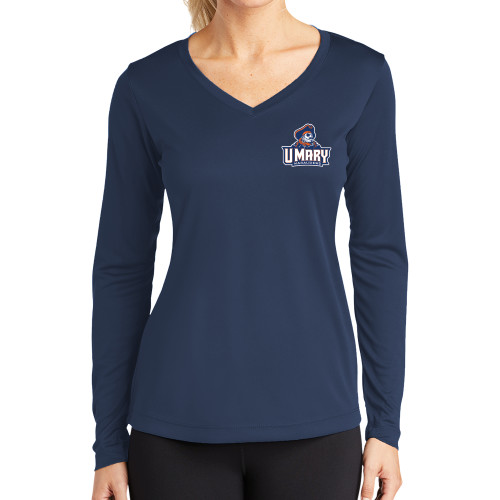  Womens Navy Performance Long Sleeve V Neck Shirt - Primary Athletics Mark