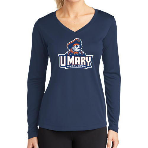  Womens Navy Performance Long Sleeve V Neck Shirt - Primary Athletics Mark