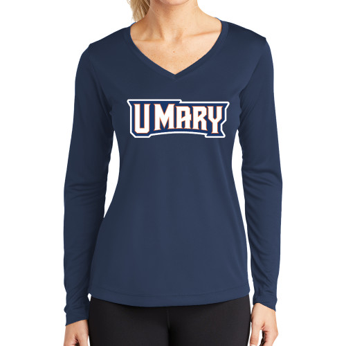 Womens Navy Performance Long Sleeve V Neck Shirt - U Mary