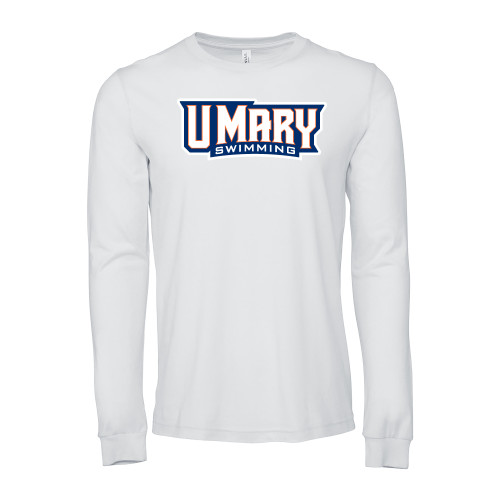  Bella + Canvas White Jersey Cotton Long Sleeve T Shirt - Swimming Wordmark