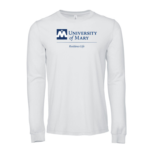  Bella + Canvas White Jersey Cotton Long Sleeve T Shirt - UMR Residence Life Vertical Stacked