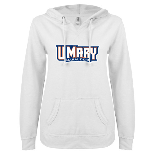  ENZA Womens White V Notch Raw Edge Fleece Hoodie - U Mary Marauders