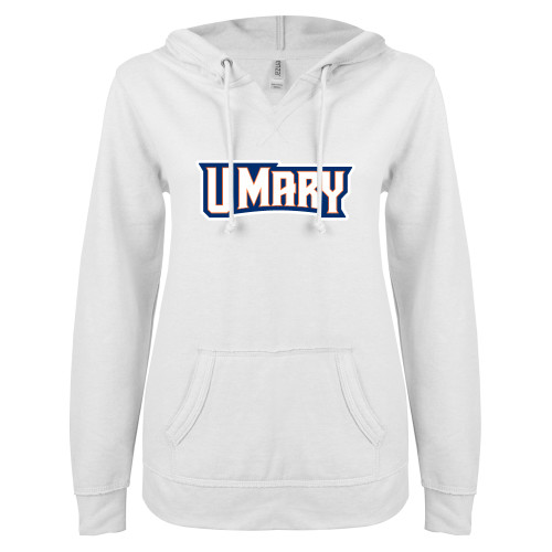  ENZA Womens White V Notch Raw Edge Fleece Hoodie - U Mary