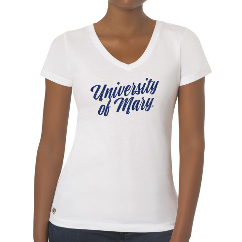  Fall Rush Ladies White V Neck Tee - H Dark Blue Glitter