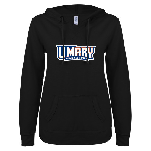  ENZA Womens Black V Notch Raw Edge Fleece Hoodie - U Mary Marauders