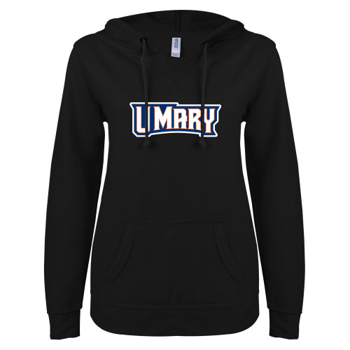  ENZA Womens Black V Notch Raw Edge Fleece Hoodie - U Mary