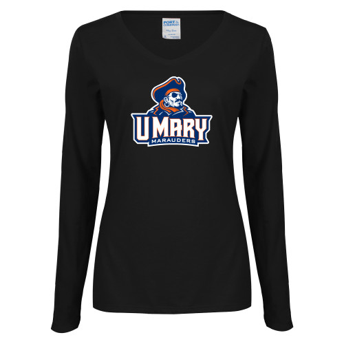  Womens Black Long Sleeve V Neck Tee  - Primary Athletics Mark