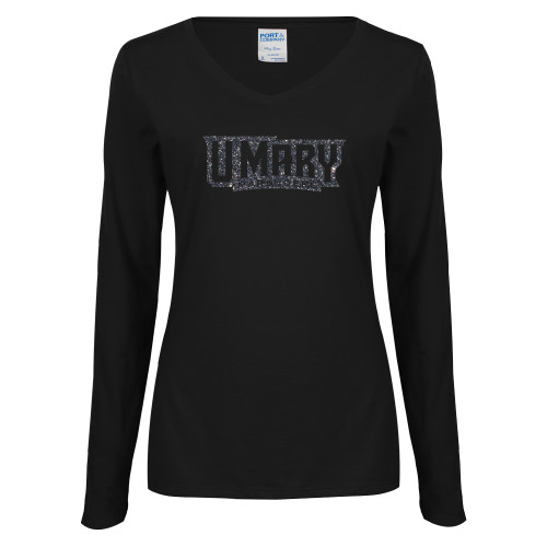  Womens Black Long Sleeve V Neck Tee  - F Graphite Soft Glitter